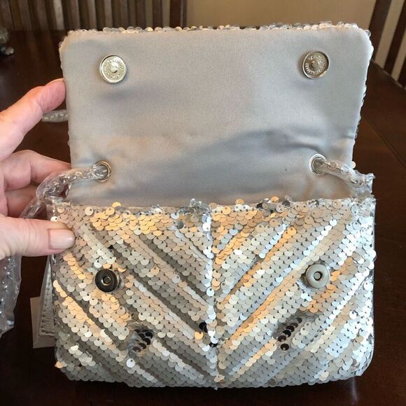 NICOLE MILLER - NWT - Silver Sequined & Vegan Leather Evening Bag. SPARKLY! ♥️ - Picture 8 of 16